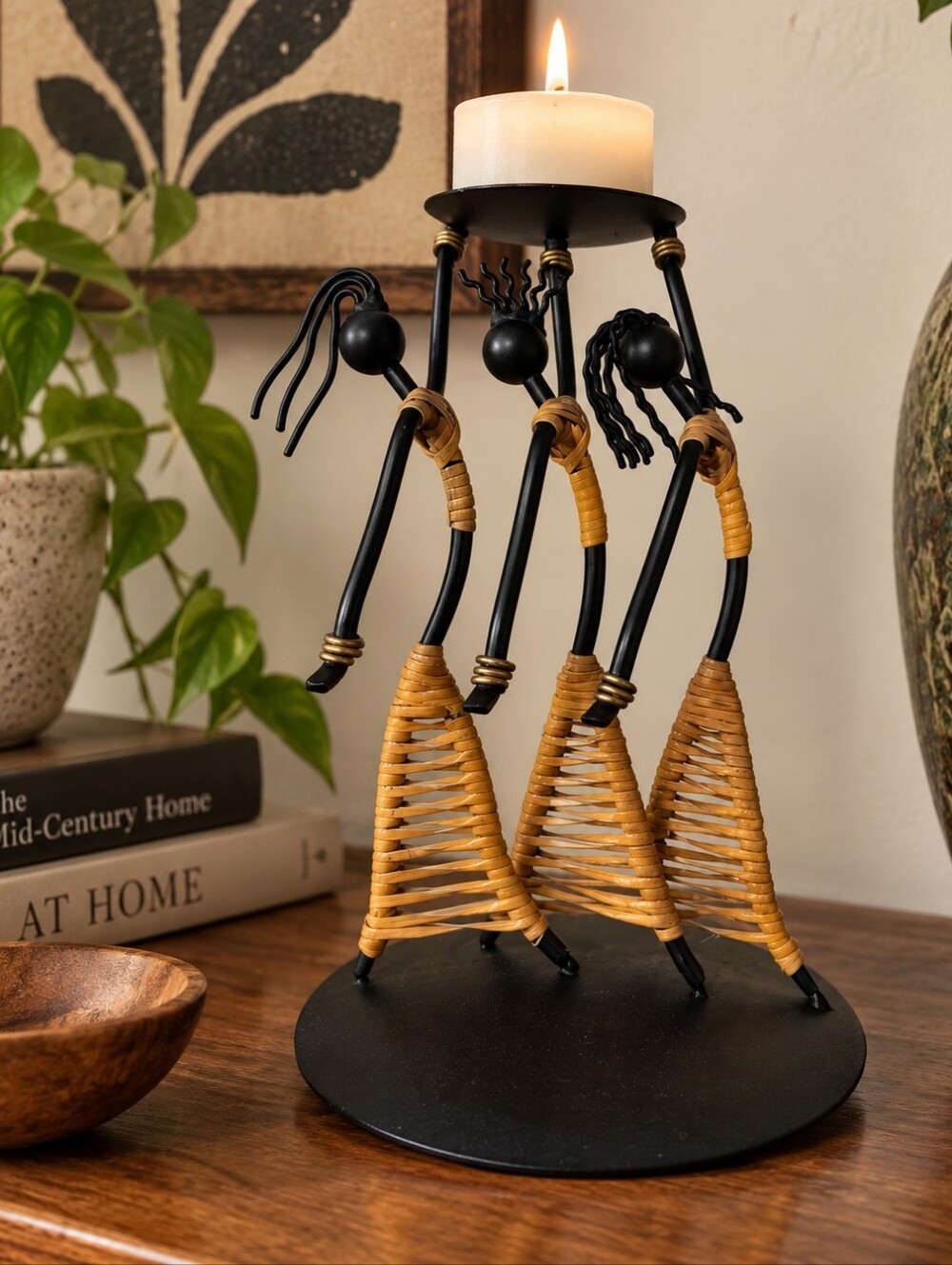 Vintage Mid-Century Laurids Lønborg-Style Rattan Dancer Candle Holder